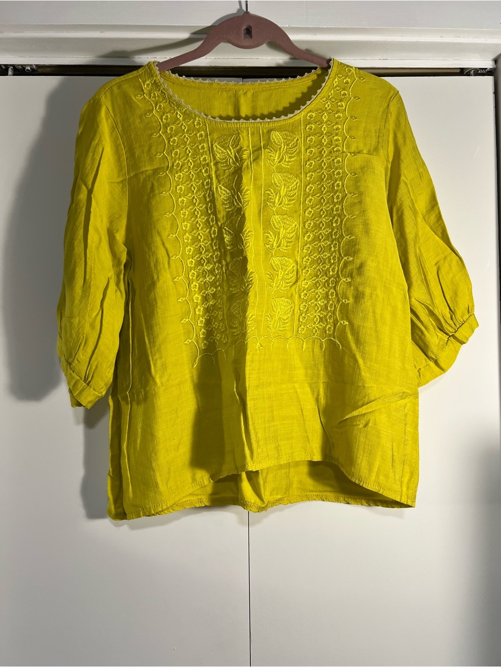 Chartreuse Yellow Embroidered Boho Peasant Top Large